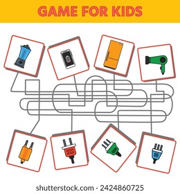Juego educativo para niños. Laberinto Un conjunto de aparatos eléctricos y una toma de corriente. Ilustración vectorial para impresión