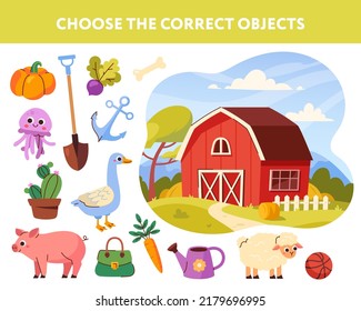 Educational game for children. Landscape with farm and barn. Agricultural animals and plants. Pig, goose, shovel and lamb. Design for book. Choose correct objects. Cartoon flat vector illustration