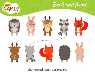 Educational  game for children. Learning back and front.  Cartoon forest animals 