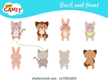 Educational  game for children. Learning back and front.  Cartoon animals - mouse, cat, dog and rabbit.