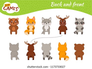 Educational  game for children. Learning back and front.  Cartoon forest animals 