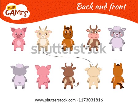 Educational  game for children. Learning back and front.  Cartoon farm animals - pig, goat, sheep, cow and horse.
