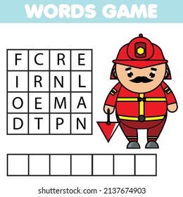 Educational game for children. Learning Job and work theme word search puzzle for kids. Fireman profession.