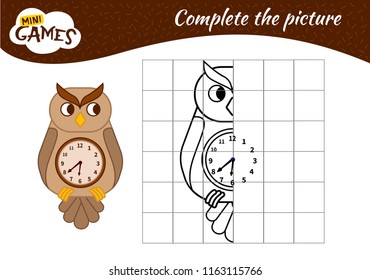 Educational game for children. Learning symmetry for toddlers and kids. Cartoon owl-clock.
