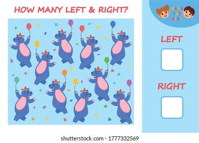 Educational game for children. Left and right. Kids activity with cartoon circus hippopotamus with balloon. Template Vector Illustration