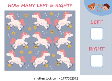 Educational game for children. Left and right. Kids activity with cartoon circus cute unicorn. Template Vector Illustration