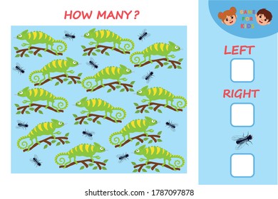 Educational game for children. Left and right. Kids activity with cartoon chameleon. Template Vector Illustration