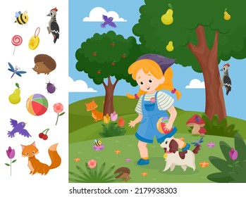 Educational game for children  Little girl looking for hidden objects in forest  Entertainment for kids  Preschooler finds animals   plants  Design element for book  Cartoon flat vector illustration