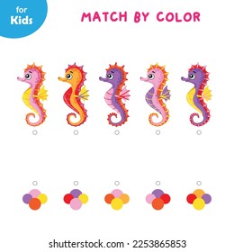 Educational Game For Children, Match The Seahorse To Its Corresponding Color. Develops Color Recognition And Matching Skills In A Fun And Interactive Way. Education Of Children.
