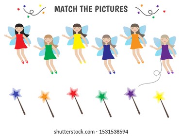 Educational game for children. Material for kids to learn color. Connect fairy and magic wand.