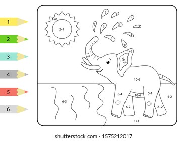 Educational game for children. Math coloring page with cute cartoon elephant. Worksheet with addition and subtraction.