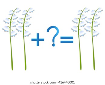 Educational game for children, mathematical addition, example with lilies of the valley. 