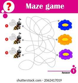 Educational game for children. Maze. A set of cute bees with buckets of honey flying to flowers. Cartoon vector illustration for kids
