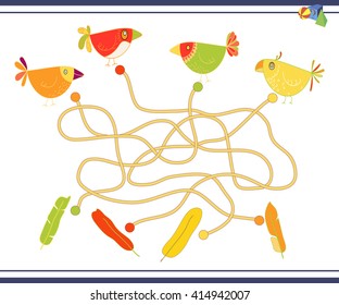 Educational game for children, maze game. Vector Labyrinth game. Game for Kids. Childrens logic game. Tropical birds.