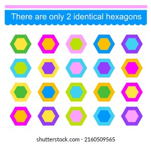 Educational game for children. Need to find two identical hexagons. Visual intelligence. Vector illustration.