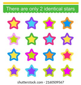 Educational game for children. Need to find two identical stars. Visual intelligence. Vector illustration.