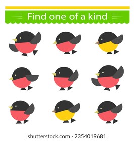 Educational game for children. Need to find one of a kind bird. Visual intelligence. 