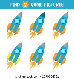 Educational game for children on mindfulness. Find two identical spaceships. Vector illustration.