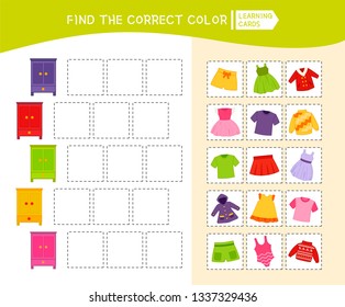 Educational game for children with pictures. Kids activity sheet. Find the correct color. Cartoon clothes.