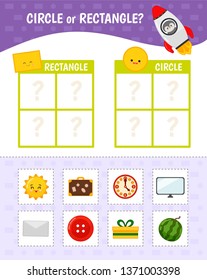 Educational game for children with pictures. Kids activity sheet. Circle or rectangle?  Cartoon illustration of circle or rectangle objects.
