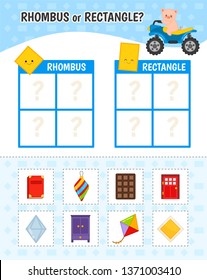 Educational game for children with pictures. Kids activity sheet. Rhombus or rectangle?  Cartoon illustration of rhombus or rectangle objects.
