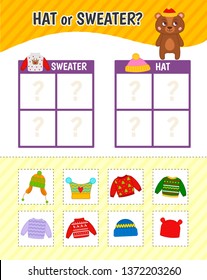 Educational game for children with pictures. Kids activity sheet. Hat or sweater? Cartoon illustration of cute hear in hat.