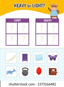 Educational game for children with pictures. Kids activity sheet. Heavy or light? Cartoon illustration of cute yak.