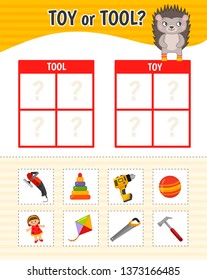 Educational game for children with pictures. Kids activity sheet. Toy or tool? Cartoon illustration of cute hedgehog.