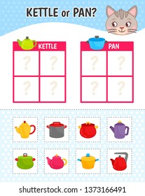 Educational game for children with pictures. Kids activity sheet. Kettle or pan? Cartoon illustration of cute cat