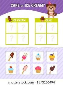 Educational game for children with pictures. Kids activity sheet. Cake or ice cream? Cartoon illustration of cute dog