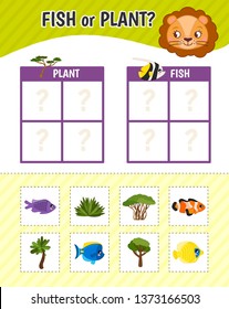 Educational game for children with pictures. Kids activity sheet. Fish or plant? Cartoon illustration of plants and cute fishes.