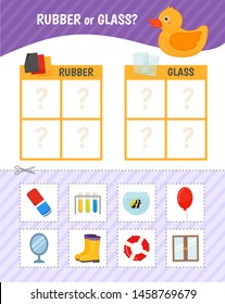 Educational game for children with pictures. Kids activity sheet. Rubber or glass? Cartoon illustration of different cars. 