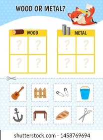 Educational game for children with pictures. Kids activity sheet. Wood or metal? Cartoon illustration of different cars. 