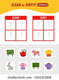 Educational game for children with pictures. Kids activity cards. Clean or dirty? Opposites.