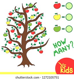 Educational game for children of preschool age. Vector illustration. Count how many apples are on a tree