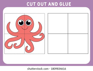 Educational game for children. Puzzle for children. Cut and glue. Funny and cute Octopus. Worksheet. Vector illustration.