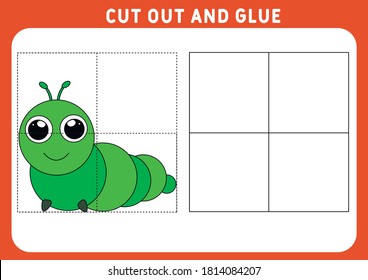 Educational game for children. Puzzle for children. Cut and glue. Funny little Caterpillar. Worksheet. Vector illustration.