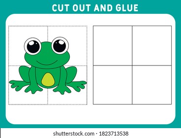 Educational game for children. Puzzle for children. Cut and glue. Funny and cute little Frog. Worksheet. Vector illustration.