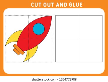 Educational game for children. Puzzle for children. Cut and glue.  Funny little rocket . Worksheet. Vector illustration