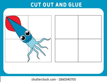 Educational game for children. Puzzle for children. Cut and glue.  Funny little squid. Worksheet. Vector illustration