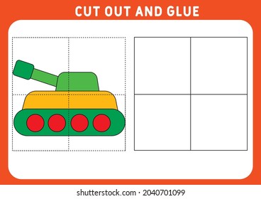 Juego educativo para niños. Rompecabezas para los niños. Cortar y pegar. Un pequeño tanque divertido. Hoja de cálculo. Ilustración vectorial.