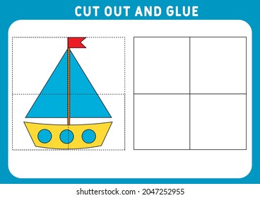 Educational game for children. Puzzle for children. Cut and glue. Funny little Ship. Worksheet. Vector illustration.