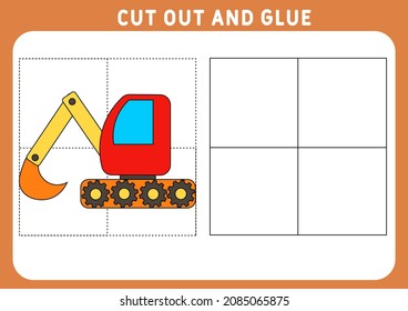 Educational game for children. Puzzle for children. Cut and glue. Funny little Excavator. Worksheet. Vector illustration.
