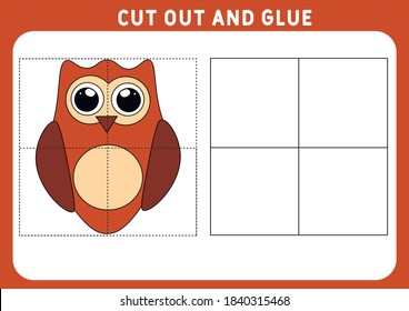 Educational game for children. Puzzle for kids. Cut out and glue. Funny little Owl. Worksheet. Vector illustration.