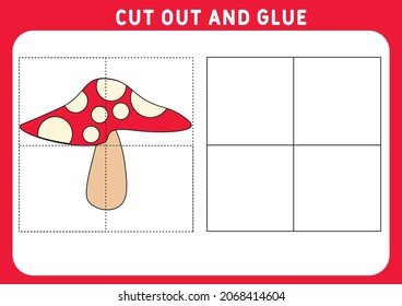 Educational game for children. Puzzle for kids. Cut out and glue. little cute fly agaric. 