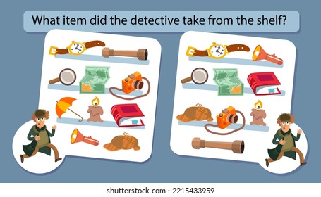 Educational game for children. Puzzle for kids. Find object. Vector illustration. What item did the detective take from the shelf?