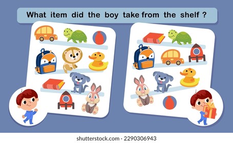 Educational game for children. Puzzle for kids. Find object. Vector illustration. What item did the boy take from the shelf?