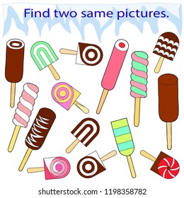 Educational game for children. Set of ice cream on a stick. Hand drawn. Color vector illustration.