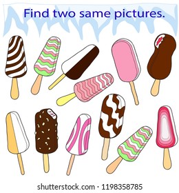 Educational game for children. Set of ice cream on a stick. Hand drawn. Color vector illustration.