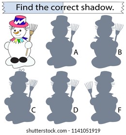 Educational game for children.  Snowman with a broom. Colored Vector illustration.